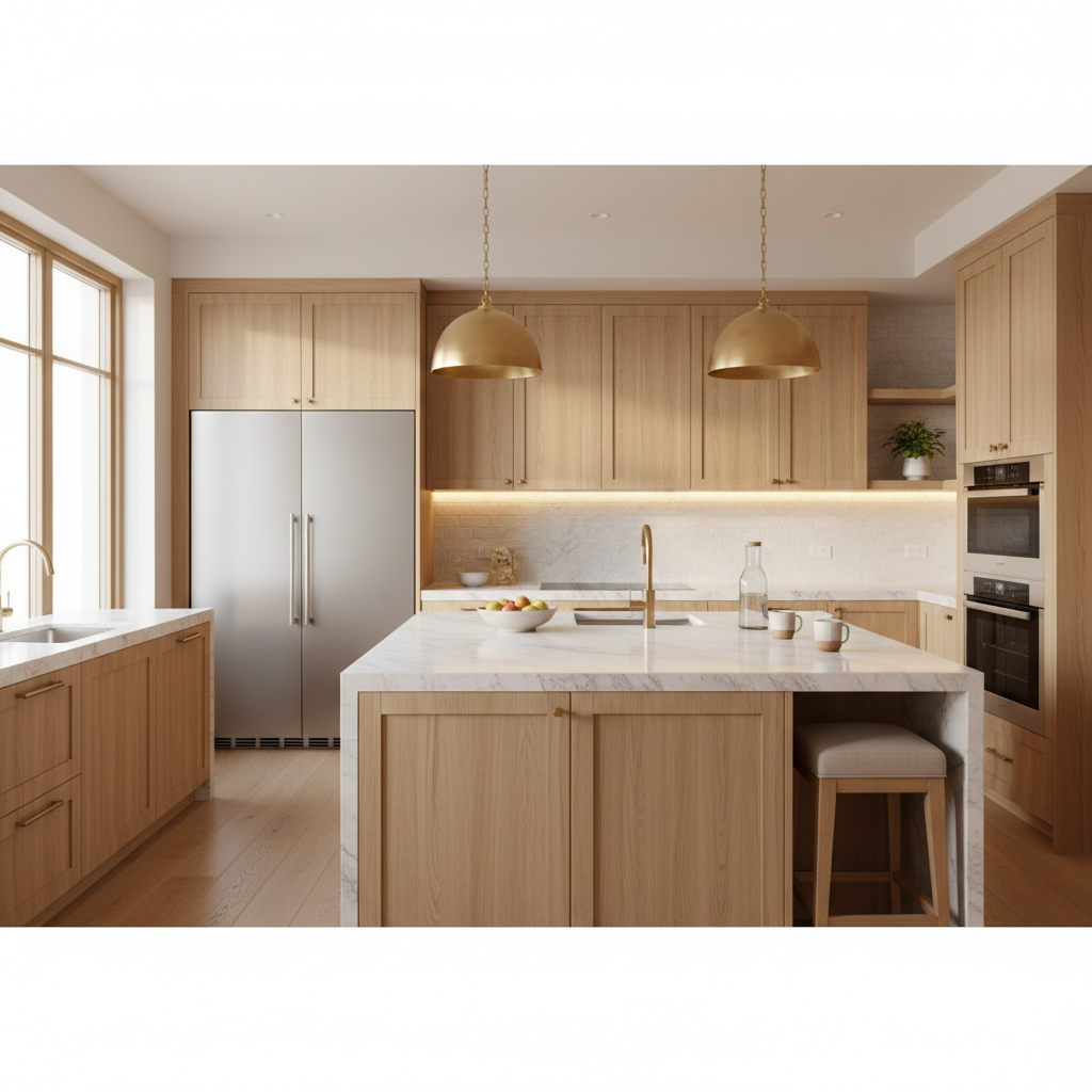 Upscale kitchen with integrated refrigerator and wall oven